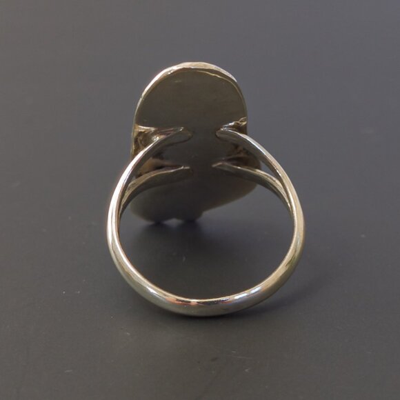 Sterling Long Onyx Navette Ring with Leaf & Scroll — Size 6.5–6.75 - Picture 5 of 8